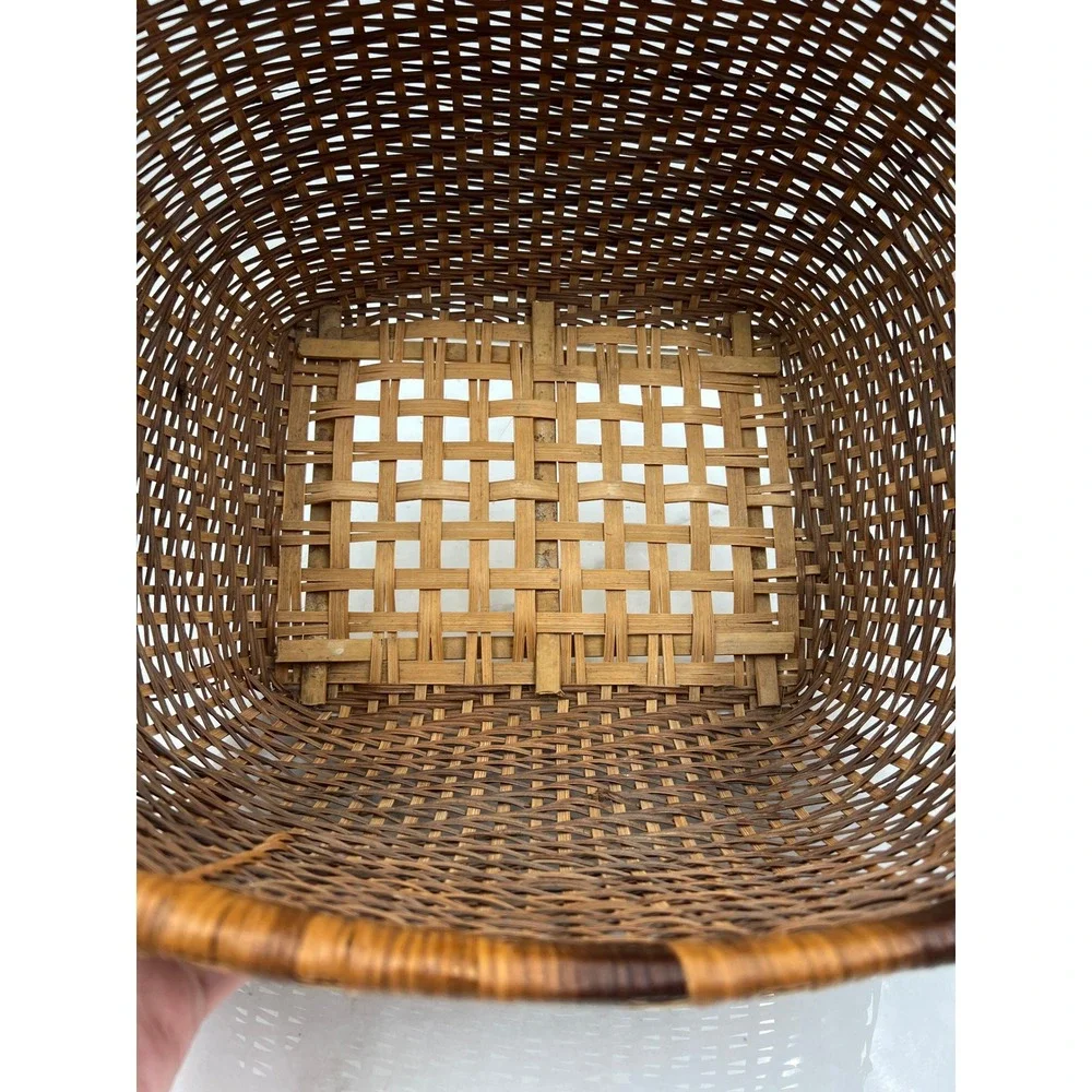 Vintage Handwoven Wicker Basket Rectangular Brown Tan Storage Decor with Handle